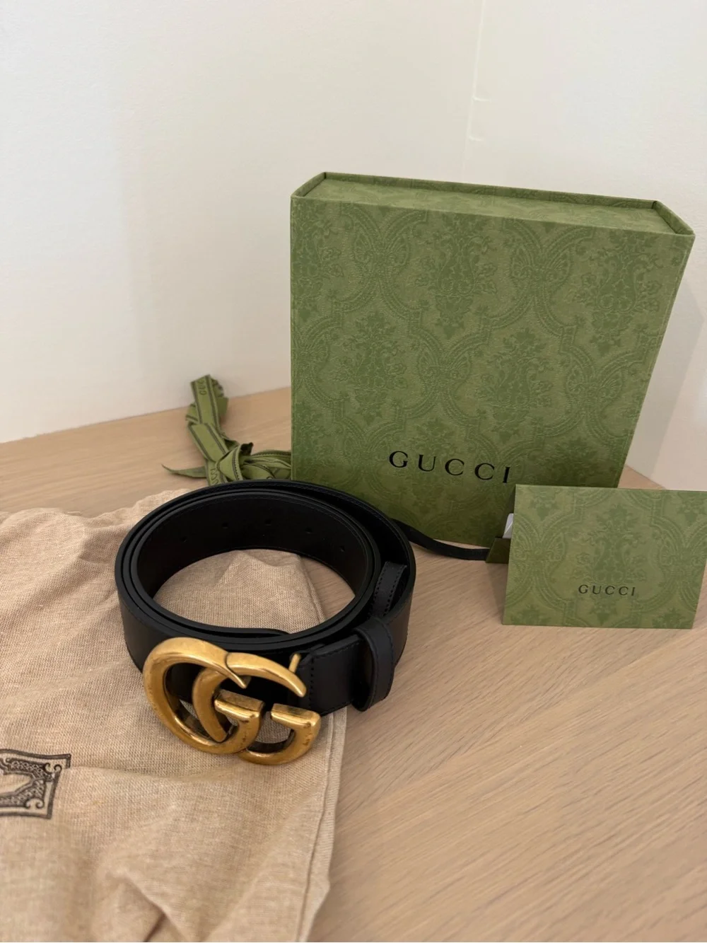 Gucci Black Leather Belt with Antiqued Gold Double G Buckle